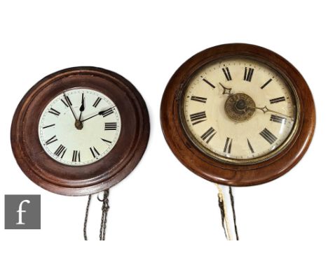 A late 19th Century postman's alarm clock, weight driven movement with replaced pendulum, and a similar clock with pine cone 