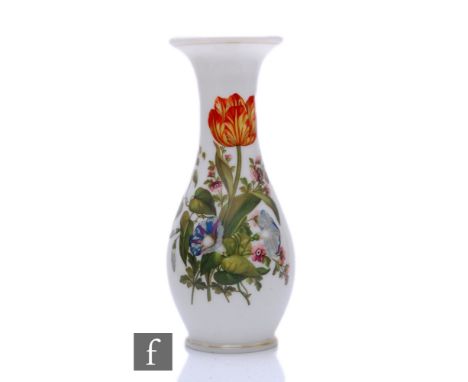 A large 19th Century Richardsons Vitrified enamel opal glass vase of footed skittle form with everted rim, the body hand enam