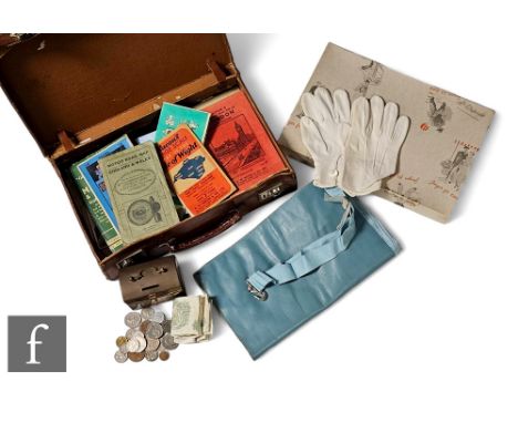 A collection of Masonic sashes and gloves, a book on Period Furniture by Warings, assorted nickel, copper coinage and banknot