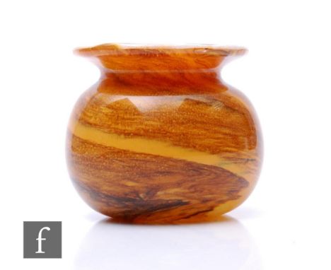 A contemporary Alum Bay studio glass vase of globe form with everted rim, tonal brown swirls over mottled opal interior, reta