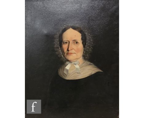 ENGLISH SCHOOL (MID 19TH CENTURY) - Portrait of Joyce Anne Quayle, a lady wearing a bonnet and black dress, oil on canvas, fr