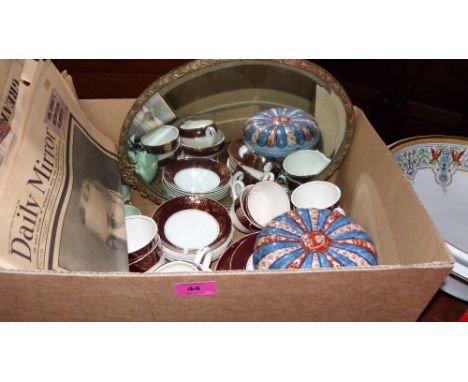 A box of teaware and sundry items plus 2 large ceramic bowls