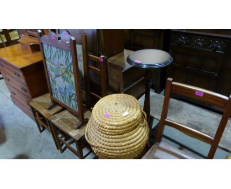 Three chairs, two tapestry screens, linen basket and a torchere