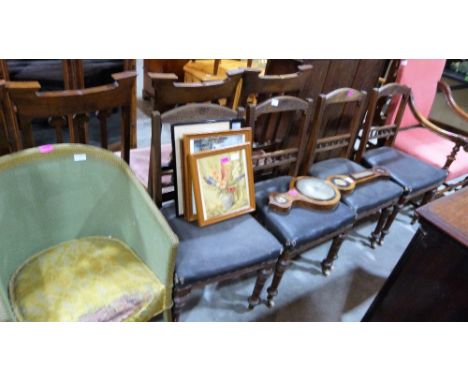 A wheel barometer (A.F), a loom chair, a set of four late Victorian dining chairs and miscellaneous prints