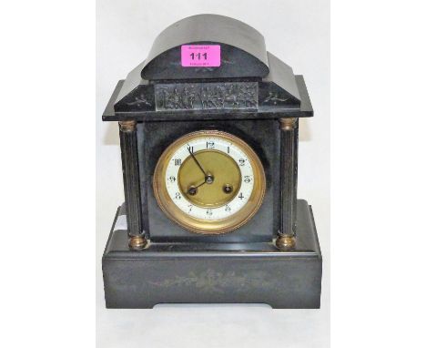 A French mantle clock with 8 day drum movement striking on a coiled gong and slate architectural case. c.1900. In running ord