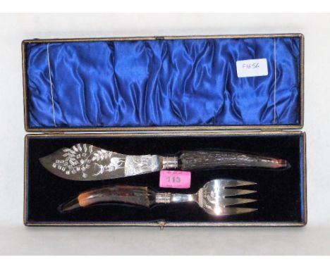 A cased plated fish slice and fork with antler hafts