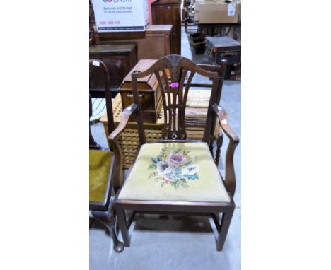 A Hepplewhite style mahogany elbow chair with inlet tapestry seat
