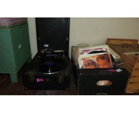 Decca Gramophone, 3 boxes of vinyl records and a wicker storage stool