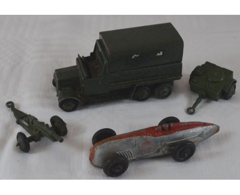 Dinky Racing car & 3 Army pieces 