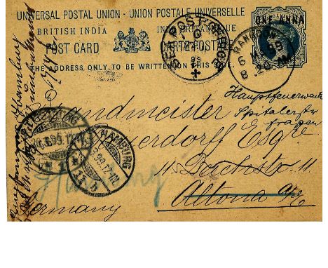 Vintage Postcard Burma-Indian QV one Anna overprint on 1 1/2 Anna postal addressed to Germany with stamp impression cancelled
