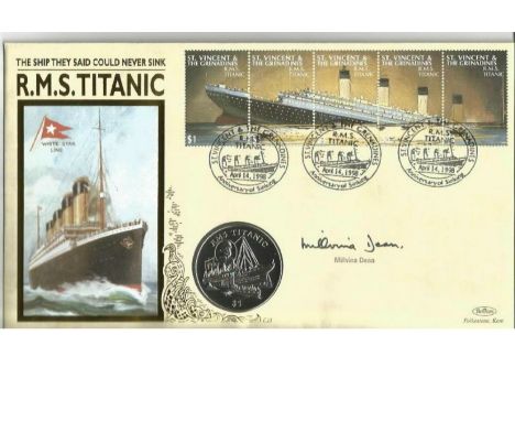Millvina Dean survivor signed R. M. S. Titanic signed coin FDC PNC. 1 Republic of Liberia $5 coin inset. Good Condition. All 