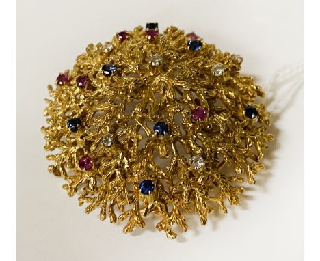 18CT GOLD DIAMOND RUBY &amp; SAPPHIRE BROOCH