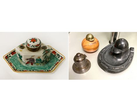ORIENTAL CERAMIC LIDDED INKWELL / 2 JOCKEY HAT INKWELLS AND A SILVER PLATED INKWELL