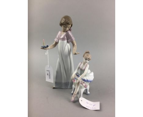 NAO FIGURE OF A GIRL, 26cm high, along with another figure, two miniature reproduction pistols and a plated cruet set (5)