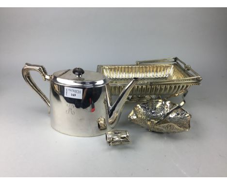 SILVER PLATED THREE PIECE TEA SERVICE, along with two plated trays and other silver plated ware