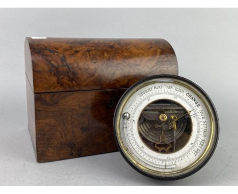 WALNUT JEWELLERY BOX, along with a circular wall barometer and a brass column lamp (3)