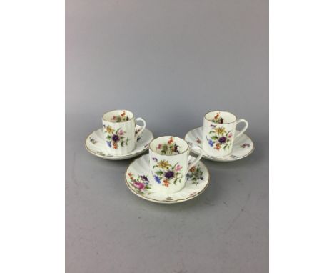 SIX ROYAL WORCESTER COFFEE CANS AND SIX SAUCERS, transfer decorated with the Roanoke pattern (12)