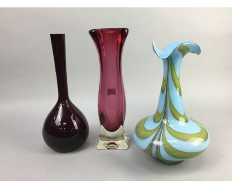 CZECH. RUBY GLASS VASE along with two other glass vases, opaque glass ginger jar, ceramic vase and dish and a small wall cloc