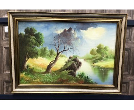 CONTINENTAL SCHOOL (20TH CENTURY), WOODLAND SCENE WITH MOUNTAINS oil on canvas, signed "Lucas" 60cm x 92cm Framed