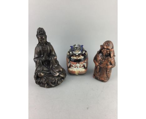 CERAMIC SAMURAI COOKIE JAR, along with two other Asian figures, a puzzle box, modern plate and a reproduction telescope (6)
