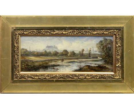 JOHN R PRENTICE (SCOTTISH act 1845 - 1879), EDINBURGH CASTLE FROM WARRISTON oil on board, signed and dated 1864 13.5cm x 35cm