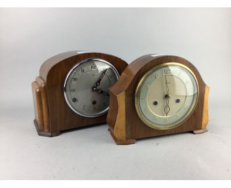 THREE VARIOUS MANTEL CLOCKS along with a small Smiths industrial style wall clock (4)