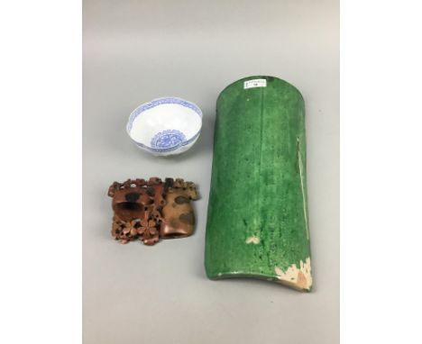 CHINESE CERAMIC TILE, green glaze, along with a soapstone brush wash and a bowl (3)