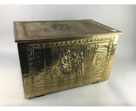 EMBOSSED BRASS LOG BOX, along with companion stand and a firescreen (3)