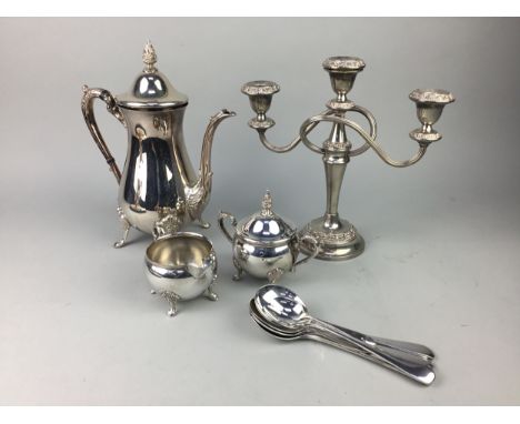 SILVER PLATED TEA AND COFFEE SERVICE, comprising tea pot, coffee pot, milk and sugar, along with a silver plated tray and pla