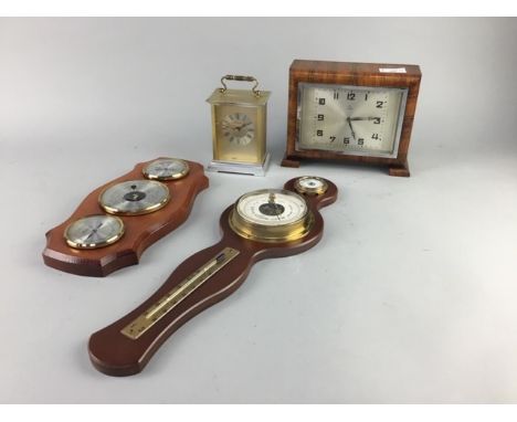 TWO WALL BAROMETERS, along with an 8 day mantel clock and a brass corner clock (4)