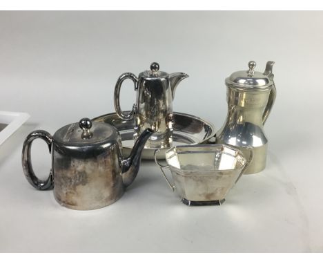 SILVER PLATED TEA AND COFFEE SERVICE, comprising tea pot, coffee pot, cream and sugar, each with engraved initial 'B', along 