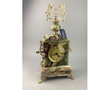 REPRODUCTION GILT METAL AND ONYX MANTEL CLOCK, 49cm high