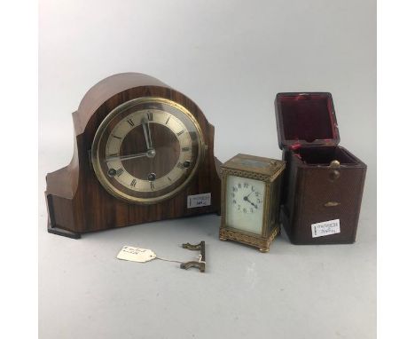 MAHOGANY CASED MANTEL CLOCK, 22cm high, along with a brass carriage clock, in fitted leather case (2)