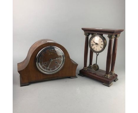 REPRODUCTION FOUR PILLAR MANTEL CLOCK, 29cm high, along with a mantel clock and a George III style caddy (3)