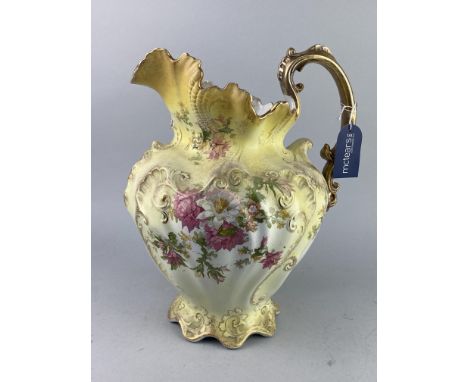 HAND PAINTED EWER AND BASIN, with floral and gilt decoration, along with a matching vase and a lidded dish (4)