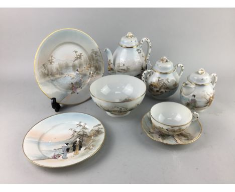 JAPANESE EGGSHELL PART TEA SERVICE, decorated with figures in a landscape setting, along with other part tea services