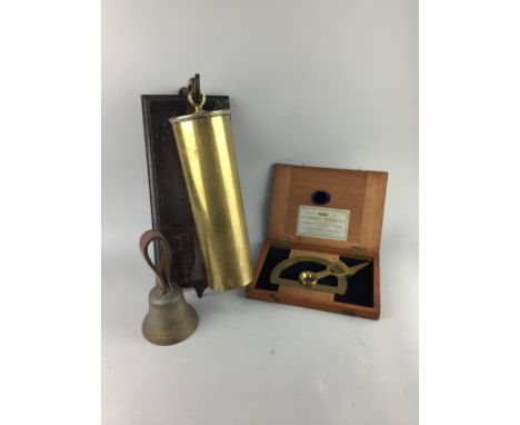 TRENCH ART BELL, with wall mount, along with a brass compass by R. Nichol, another bell and several volumes relating to war