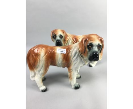 PAIR OF STAFFORDSHIRE DOGS, along with a ceramic meat dish and pin tray