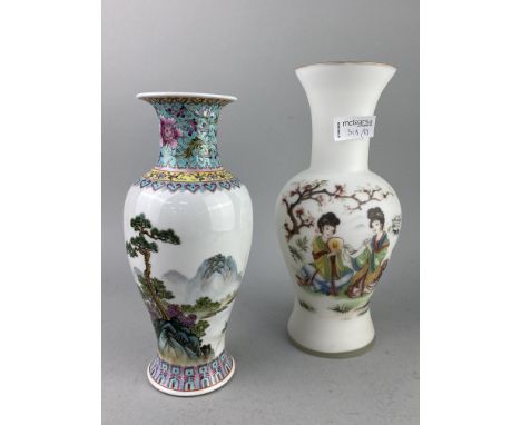 TWO CHINESE CERAMIC FIGURES, along with a Chinese baluster vase, an opaque glass vase and a Japanese bowl (5)