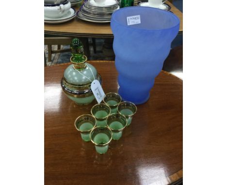 ART DECO BELGIAN GLASS DECANTER AND SIX GLASSES, in green frosted glass, the decanter with stopper, along with an Art Deco bl