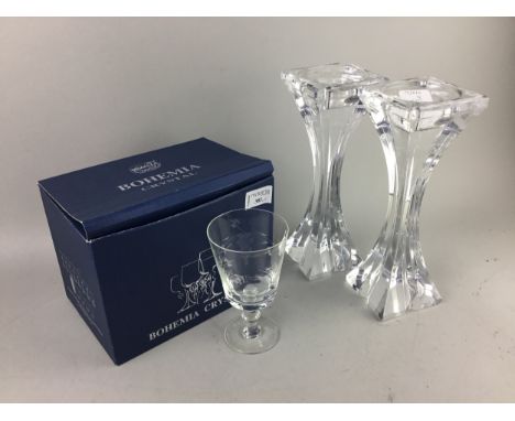 SET OF BOHEMIA CRYSTAL GLASSES, in box, along with other glassware including two candlesticks, decanter, cake plate, blue gla