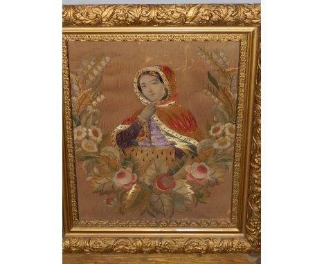 19th century Continental school, portrait study of a lady, embroidery. H: 53cm W: 45cm