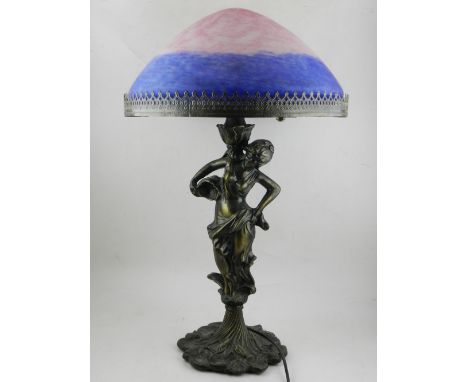 An Art Nouveau style cast metal figural table lamp in the form of a maiden carrying a bucket, raised on a floral base, having