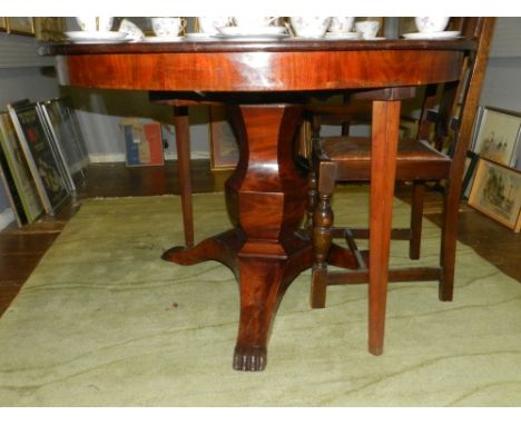 A Regency style mahogany circular extending breakfast table, raised on a hexagonal wasted column support, tripod base with cl