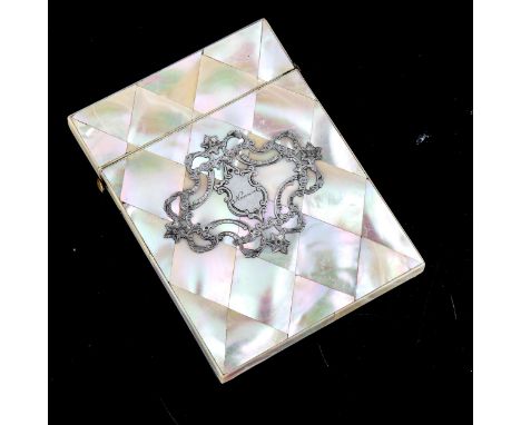 A Victorian mother-of-pearl parquetry card case, with inlaid silver decorated front, 10.5cm x 8cm 