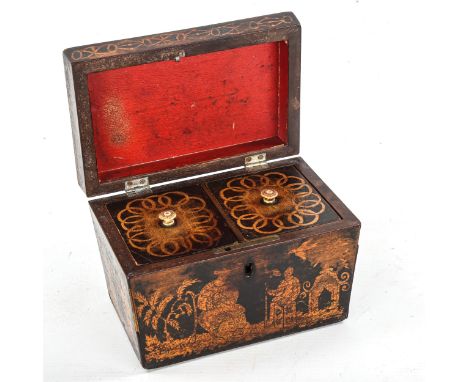 A small Regency penwork decorated tea caddy, with Oriental scenes and inner lids, length 16cm 