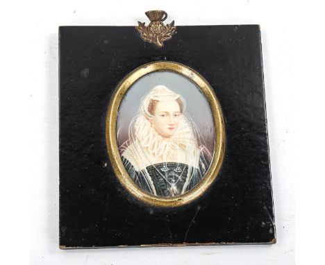 A miniature watercolour on ivory, portrait of an Elizabethan lady, brass-mounted lacquer frame, overall frame dimensions, 14c