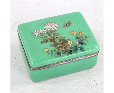 A Japanese green enamel rectangular pot and cover, with cloisonne enamel decorated lid, 11cm x 8.5cm 