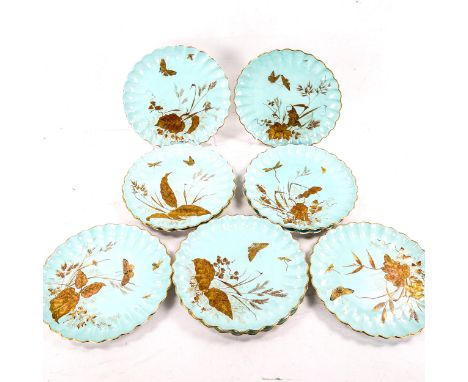 A set of 10 Spode china cabinet plates, 1884, hand gilded and painted on duck egg blue ground, decorated with butterflies and