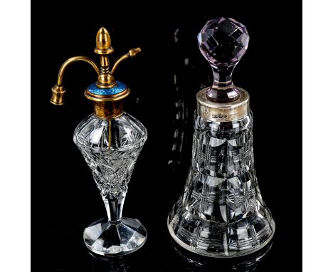 A cut-glass blue enamel-mounted atomiser perfume bottle, height 17cm, and cut-glass perfume bottle with silver collar (2) 